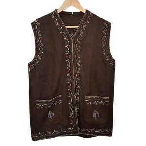 VTG Handmade Mens Vest 38 M Brown Wool Felt Embroidered Polish Folklore Hippie